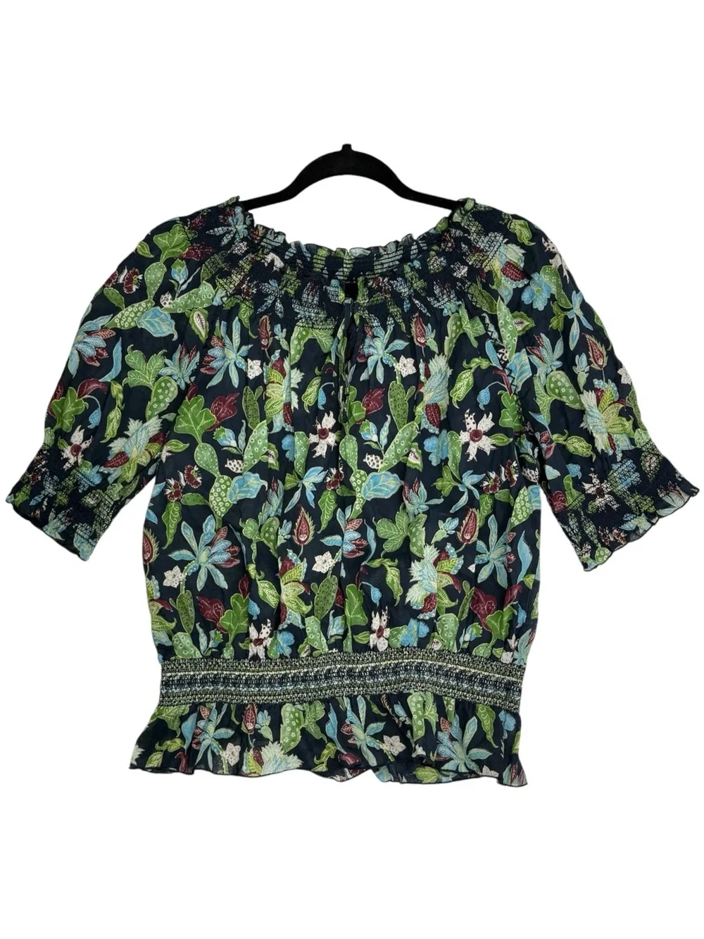 Tory Burch Floral Smocked Off Shoulder Cottage Blouse Cactus Print Navy Size 10